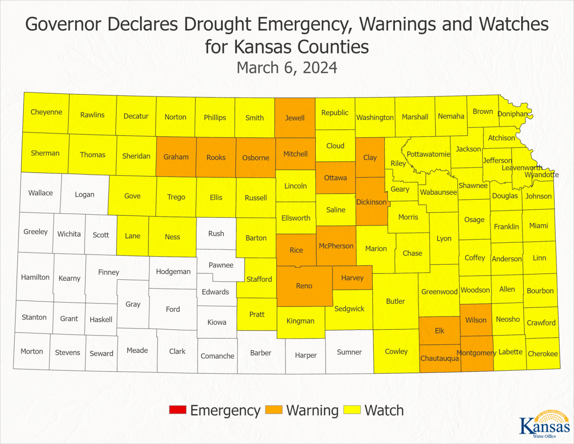 Map of Kansas displaying the state of drought in each county for 2024. The list of counties can be found on our news page.