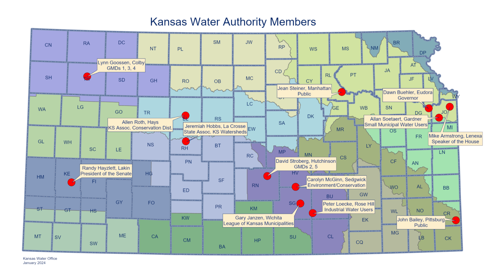 Map of Kansas Water Authority Members and their locations.